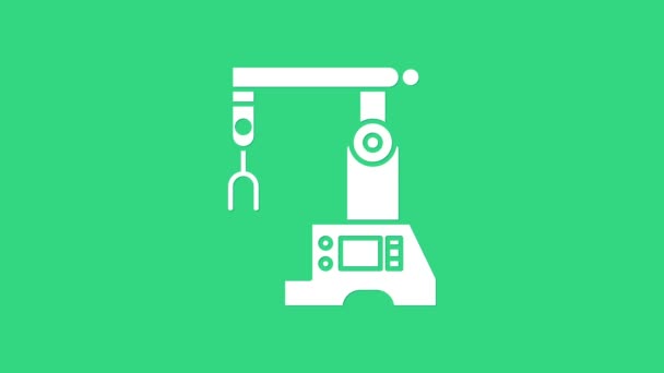 Icona della linea di assemblaggio bianca isolata su sfondo verde. Trasportatore automatico di produzione. Concetto industriale robotico. Animazione grafica 4K Video motion — Video Stock