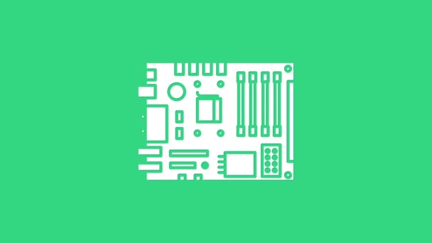 Białe elektroniczne komponenty komputerowe płyta główna cyfrowy chip zintegrowany ikona nauki izolowane na zielonym tle. Płytka obwodu drukowanego. 4K Animacja graficzna ruchu wideo — Wideo stockowe
