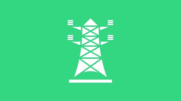 Beyaz Elektrik Kulesi yeşil arka planda izole edilmiş bir elektrik hattı simgesini desteklemek için kullanılır. Yüksek voltajlı elektrik direği hattı. 4K Video hareketli grafik canlandırması — Stok video