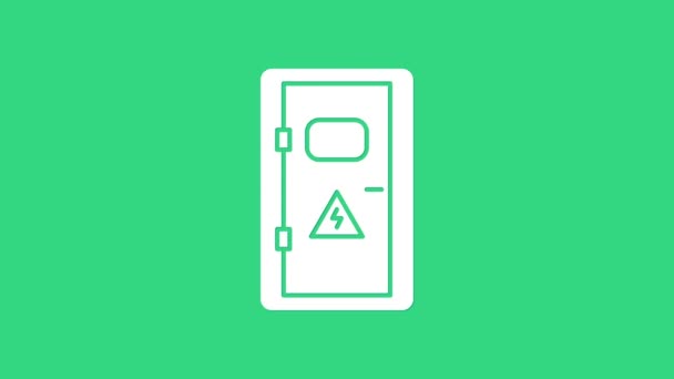 緑の背景に隔離された白い電気キャビネットのアイコン。4Kビデオモーショングラフィックアニメーション — ストック動画