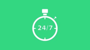 Beyaz Kronometre, yeşil arkaplanda 24 saat izole edilmiş. Tüm gün döngü simgesi. 24 saat hizmet sembolü. 4K Video hareketli grafik canlandırması