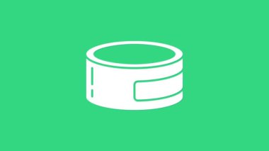 Yeşil arka planda beyaz konserve ikonu izole edildi. Hayvanlar için yiyecek. Evcil hayvan yiyeceği kutusu. 4K Video hareketli grafik canlandırması