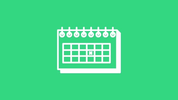 Icono de calendario blanco aislado sobre fondo verde. Fecha de vencimiento. Animación gráfica de vídeo 4K — Vídeos de Stock