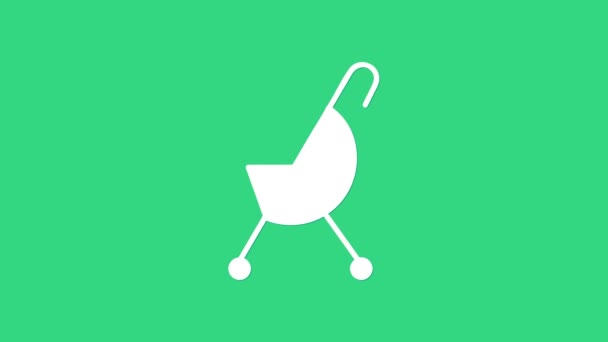 White Baby stroller icon isolated on green background. Baby carriage, buggy, pram, stroller, wheel. 4K Video motion graphic animation — Stock Video