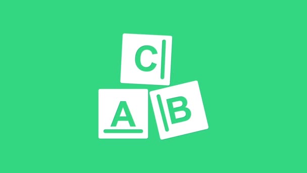 Bianco ABC blocchi icona isolata su sfondo verde. Cubi alfabetici con lettere A, B, C. altri Animazione grafica 4K Video motion — Video Stock