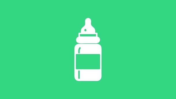 Ícone de garrafa de bebê branco isolado no fundo verde. Ícone da garrafa de alimentação. Sinal de garrafa de leite. Animação gráfica em movimento de vídeo 4K — Vídeo de Stock