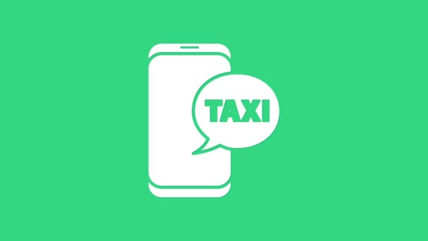Beyaz Taksi çağrı servisi simgesi yeşil arkaplanda izole edildi. Akıllı telefon taksisi. 4K Video hareketli grafik canlandırması — Stok video