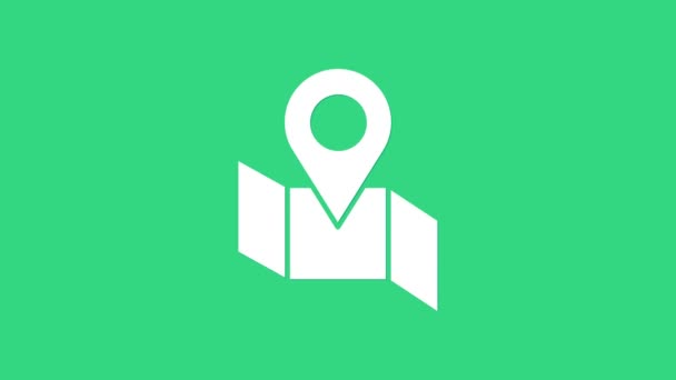 White Folded map with location marker icon isolated on green background. 4K Video motion graphic animation — Stock Video