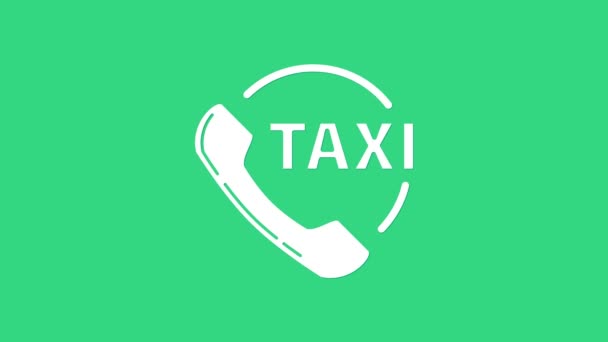 White Taxi samtal telefontjänst ikon isolerad på grön bakgrund. Taxi för smartphone. 4K Video motion grafisk animation — Stockvideo