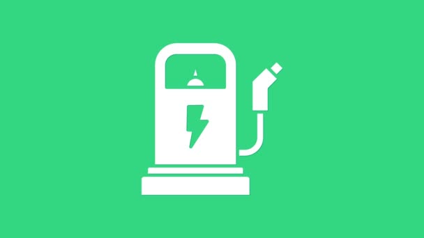 Icono de la estación de carga del coche eléctrico blanco aislado sobre fondo verde. Eco señal de bomba de combustible eléctrico. Animación gráfica de vídeo 4K — Vídeos de Stock