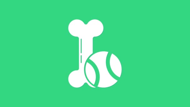 Juguetes de mascotas blancas hueso de goma y bola icono aislado sobre fondo verde. Animación gráfica de vídeo 4K — Vídeo de stock