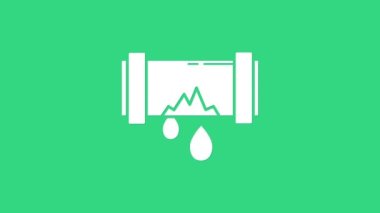 Kırık beyaz metal boru ve yeşil arka planda su ikonu sızıntısı var. 4K Video hareketli grafik canlandırması