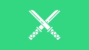 Beyaz Geleneksel Japon katana simgesi yeşil arka planda izole edildi. Japon kılıcı. 4K Video hareketli grafik canlandırması