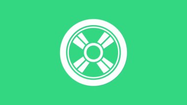 Beyaz Araba Tekerleği simgesi yeşil arka planda izole edildi. 4K Video hareketli grafik canlandırması