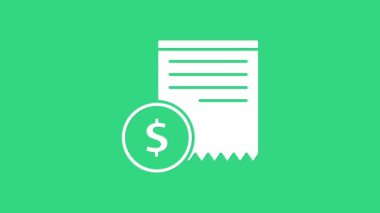 Beyaz kağıt kontrolü ve mali kontrol ikonu yeşil arka planda izole edildi. Kağıt baskı çeki, makbuz ya da fatura. 4K Video hareketli grafik canlandırması