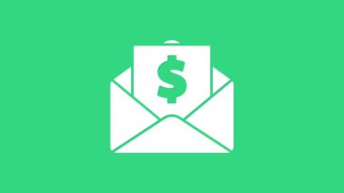 Yeşil zemin üzerinde para dolar sembolü olan beyaz zarf. Maaş zammı, maaş bordrosu, tazminat geliri. 4K Video hareketli grafik canlandırması