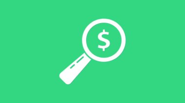 Yeşil arka planda beyaz büyüteç ve dolar simgesi var. Para bul. Para arıyorum. 4K Video hareketli grafik canlandırması