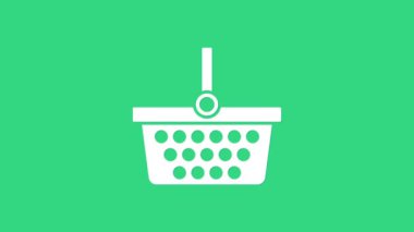 Beyaz alışveriş sepeti simgesi yeşil arka planda izole edildi. İnternetten satın alma konsepti. Servis tabelası. Alışveriş arabası sembolü. 4K Video hareketli grafik canlandırması