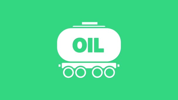 White Oil railway cistern icon isolated on green background. Train oil tank on railway car. Rail freight. Oil industry. 4K Video motion graphic animation — Stock Video