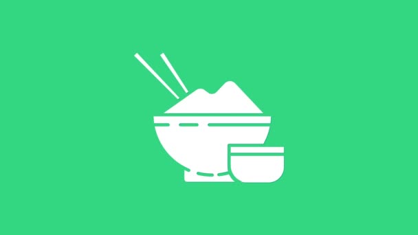 Riz blanc dans un bol avec baguette et icône de sauce isolé sur fond vert. Nourriture asiatique traditionnelle. Animation graphique de mouvement vidéo 4K — Video