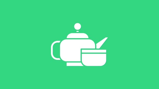 Icona tradizionale bianca della cerimonia del tè giapponese isolata su sfondo verde. Teiera con tazza. Animazione grafica 4K Video motion — Video Stock
