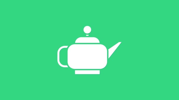 Λευκό Παραδοσιακό ιαπωνικό τσάι τελετή εικονίδιο απομονώνονται σε πράσινο φόντο. Τσαγιέρα με φλιτζάνι. 4K Γραφική κίνηση κίνησης βίντεο — Αρχείο Βίντεο