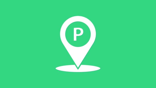 Witte Locatie met parkeerpictogram geïsoleerd op groene achtergrond. Straatbord. 4K Video motion grafische animatie — Stockvideo