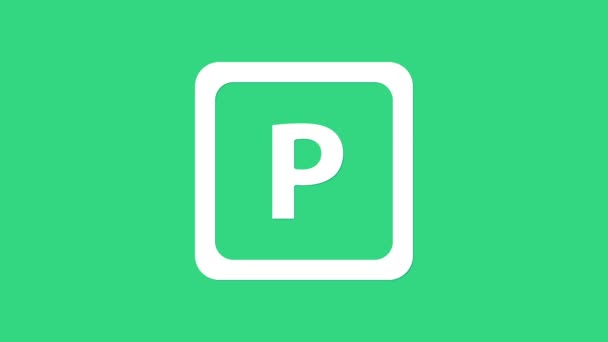 Bílá ikona parkování izolované na zeleném pozadí. Pouliční značka. Grafická animace pohybu videa 4K — Stock video