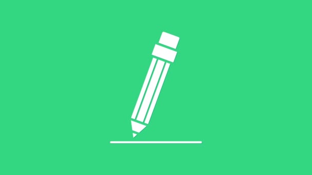 Pensil putih dengan penghapus dan ikon baris diisolasi dengan latar belakang hijau. Tanda pendidikan. Menggambar dan alat-alat pendidikan. Animasi grafis gerak Video 4K — Stok Video