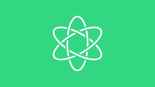 Ícone de Átomo Branco isolado no fundo verde. Símbolo da ciência, educação, física nuclear, pesquisa científica. Animação gráfica em movimento de vídeo 4K — Vídeo de Stock