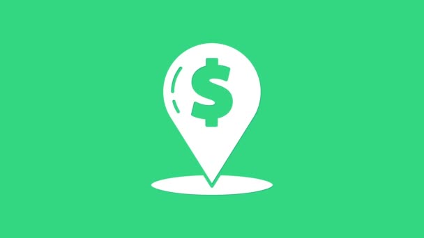 White Cash Standort-Pin-Symbol isoliert auf grünem Hintergrund. Zeiger und Dollarsymbol. Geldstandort. Geschäfts- und Investitionskonzept. 4K Video Motion Grafik Animation — Stockvideo