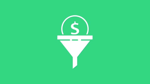 Иконка управления белым свинцом выделена на зеленом фоне. Воронка с деньгами. Целевая концепция бизнеса клиента. Видеографическая анимация 4K — стоковое видео