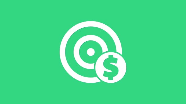 Blanco objetivo con símbolo de dólar icono aislado sobre fondo verde. Icono de inversión objetivo. Concepto de negocio exitoso. Dinero o efectivo. Animación gráfica de vídeo 4K — Vídeo de stock