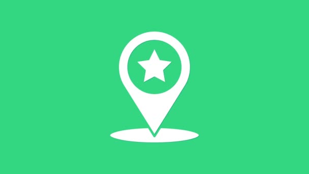 Puntatore White Map con icona stellare isolata su sfondo verde. Stella preferito pin mappa icona. Mappa marcatori. Animazione grafica 4K Video motion — Video Stock