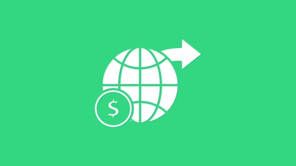 Bílá Země globus s ikonou symbol dolaru izolované na zeleném pozadí. Světová nebo pozemská značka. Globální internetový symbol. Geometrické tvary. Grafická animace pohybu videa 4K — Stock video