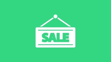 Yeşil arka planda mesaj satışı simgesi olan beyaz asma işareti. Mesaj indirimli tabela. 4K Video hareketli grafik canlandırması