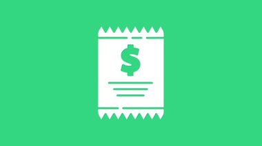 Beyaz kağıt kontrolü ve mali kontrol ikonu yeşil arka planda izole edildi. Kağıt baskı çeki, makbuz ya da fatura. 4K Video hareketli grafik canlandırması