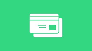 Yeşil arkaplanda beyaz kredi kartı simgesi izole edildi. Çevrimiçi ödeme. Nakit çekilmesi. Finansal operasyonlar. Alışveriş tabelası. 4K Video hareketli grafik canlandırması