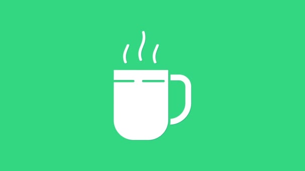 Белый Coffee иконка выделена на зеленом фоне. Чашка чая. Горячий кофе. Видеографическая анимация 4K — стоковое видео