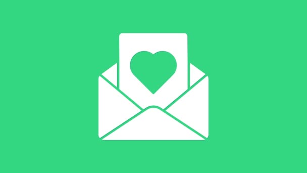 Sobres blancos con icono del corazón de San Valentín aislado sobre fondo verde. Mensaje amor. Carta de amor y romance. Animación gráfica de vídeo 4K — Vídeo de stock