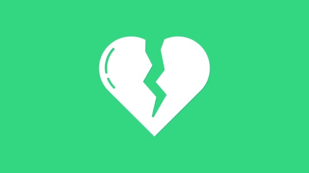 Corazón roto blanco o icono de divorcio aislado sobre fondo verde. Símbolo de amor. Día de San Valentín. Animación gráfica de vídeo 4K — Vídeo de stock