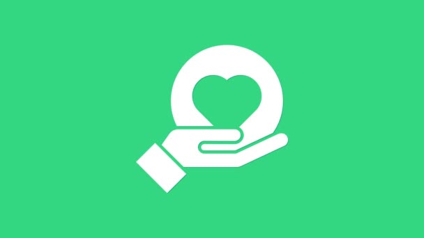 Weißes Herz an der Hand Symbol isoliert auf grünem Hintergrund. Hand, die Liebe symbolisiert. 4K Video Motion Grafik Animation — Stockvideo