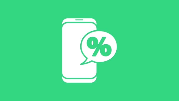 Bianco per cento simbolo di sconto e icona del telefono cellulare isolato su sfondo verde. Percentuale di vendita - etichetta del prezzo, etichetta. Animazione grafica 4K Video motion — Video Stock