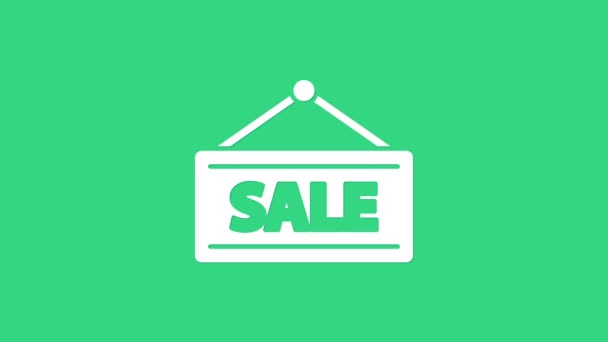 Bílá Závěsná značka s textem Ikona prodeje izolovaná na zeleném pozadí. Nástěnka s textem Prodej. Grafická animace pohybu videa 4K — Stock video
