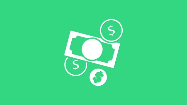 Witte stapels papiergeld cash en munt geld met dollar symbool pictogram geïsoleerd op groene achtergrond. Bankbiljetten stapelen zich op. 4K Video motion grafische animatie — Stockvideo