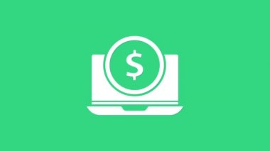 Yeşil arkaplanda dolar sembolü olan beyaz dizüstü bilgisayar. İnternetten alışveriş konsepti. İnternetten kazanç, pazarlama. 4K Video hareketli grafik canlandırması