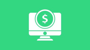 Yeşil arkaplanda dolar sembolü olan beyaz bilgisayar monitörü. İnternetten alışveriş konsepti. İnternetten kazanç, pazarlama. 4K Video hareketli grafik canlandırması