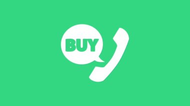 Beyaz Telefon ve konuşma balonu yeşil arka planda izole edilmiş bir simge satın al. İnternetten satın alma sembolü. Süpermarket sepeti sembolü. 4K Video hareketli grafik canlandırması