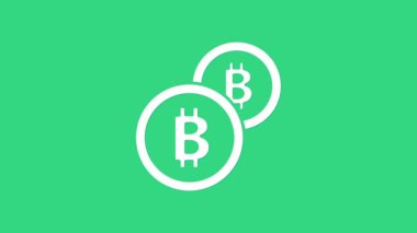 Yeşil arka planda beyaz kripto para Bitcoin simgesi izole edildi. Madeni para. Engelleme zinciri tabanlı şifreli para birimi. 4K Video hareketli grafik canlandırması