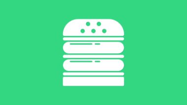 Beyaz Burger simgesi yeşil arkaplanda izole edildi. Hamburger ikonu. Çizburger sandviç tabelası. Fast food menüsü. 4K Video hareketli grafik canlandırması
